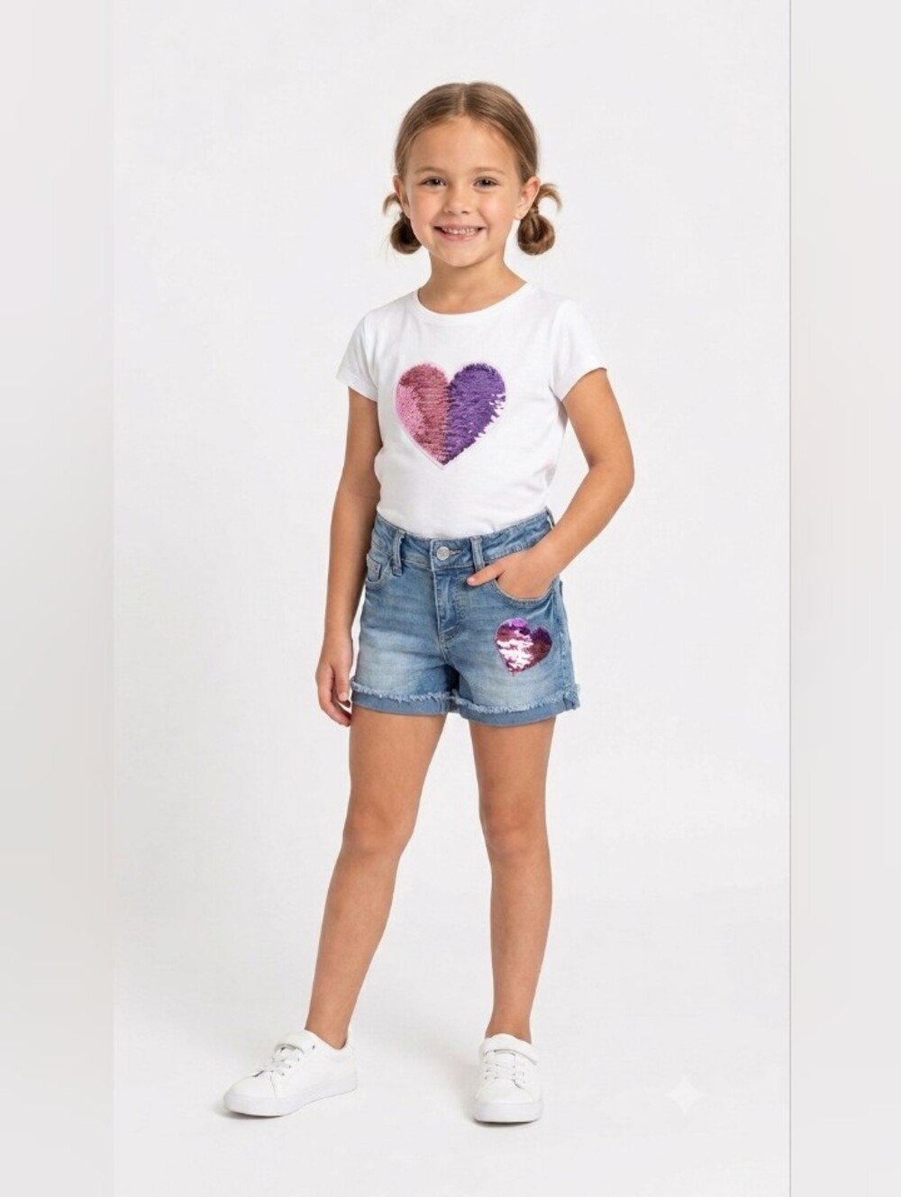 Girls Denim Shorts with Sequin Heart